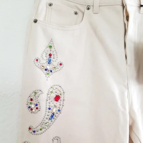 Golden Goose Texas Paisley Embroidery Ivory Straight Raw-Cut Crop Jeans … - Picture 8 of 14